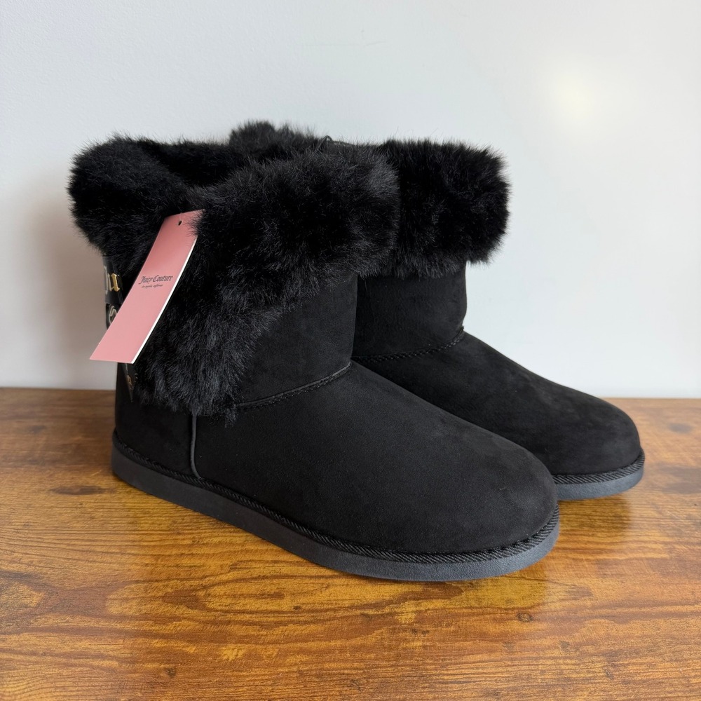 New Juicy Couture US 9 Faux Fur Black Fluffy Boots Winter Shoes Women Bow Gothic